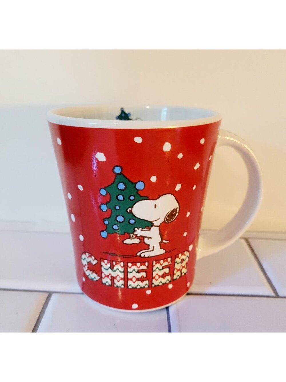 Peanuts Snoopy CHEER Christmas Coffee Mug 16 fl oz Holiday Cup Red Green